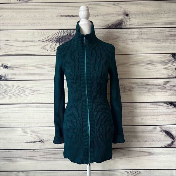 Eddie Bauer Teal Ribbed Cable Knit Full Zip Long Sweater Jacket - Picture 6 of 10